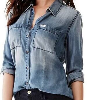 VTG GUESS Ombre Denim Shirt Coastal Cowgirl Western Acid Wash Chambray Y2K XS